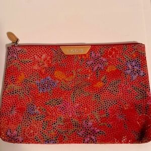 LODIS Leather Pouch Womens Pink/Multi Floral Zip top makeup bag Cords Travel